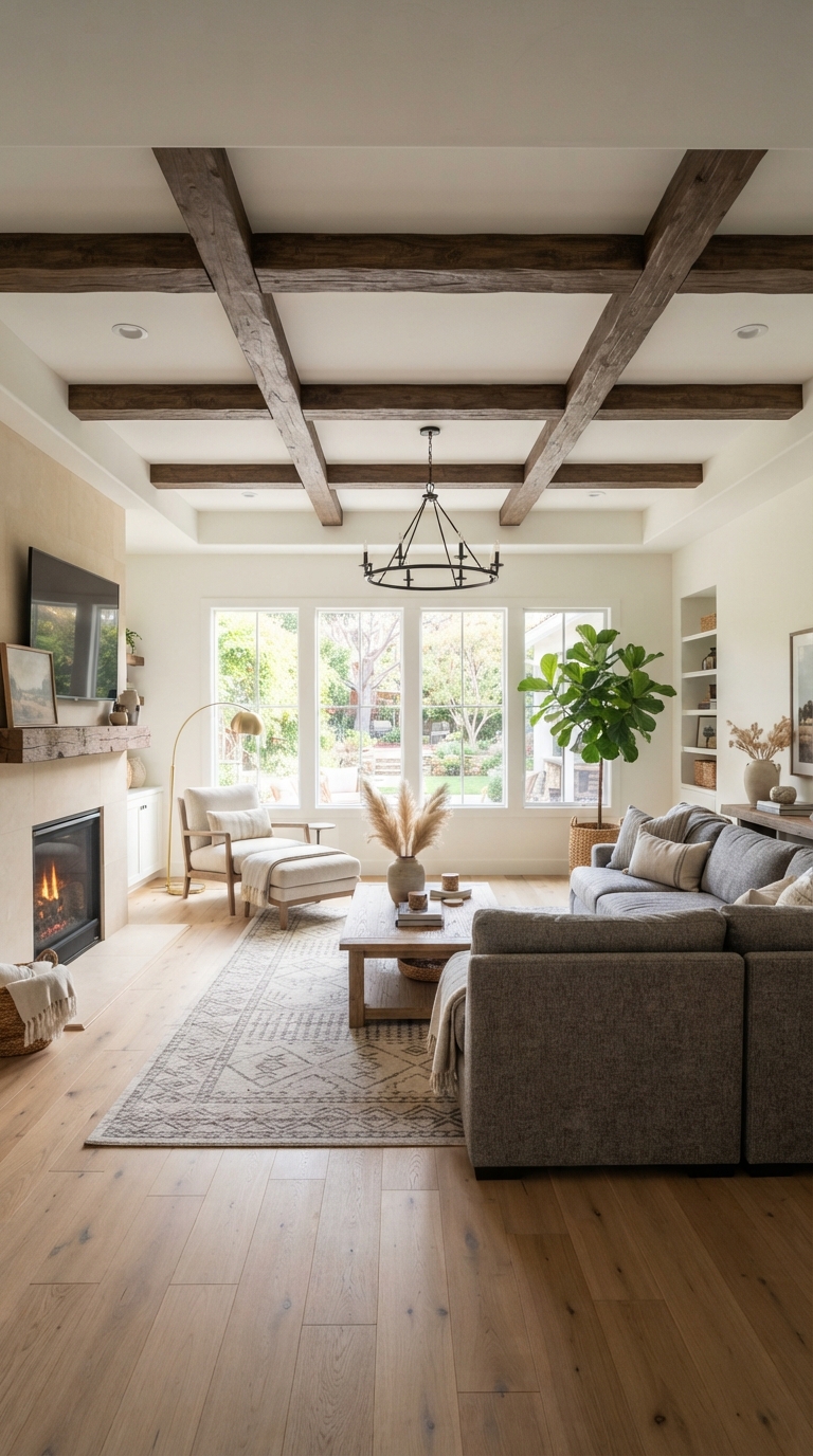 Faux wood beam ceiling adding architectural interest to a living room