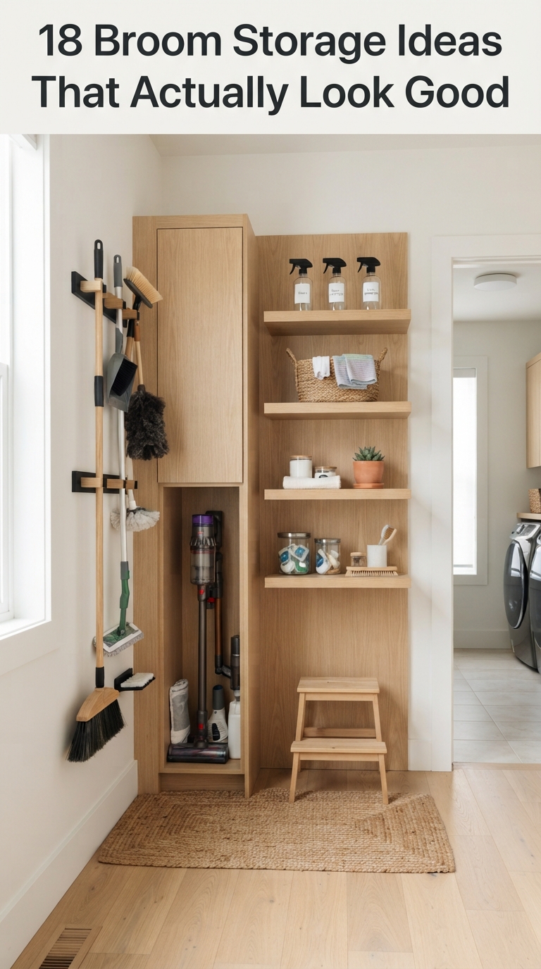 Modern broom storage ideas in a stylish laundry room with large bold title overlay and organized cleaning tools