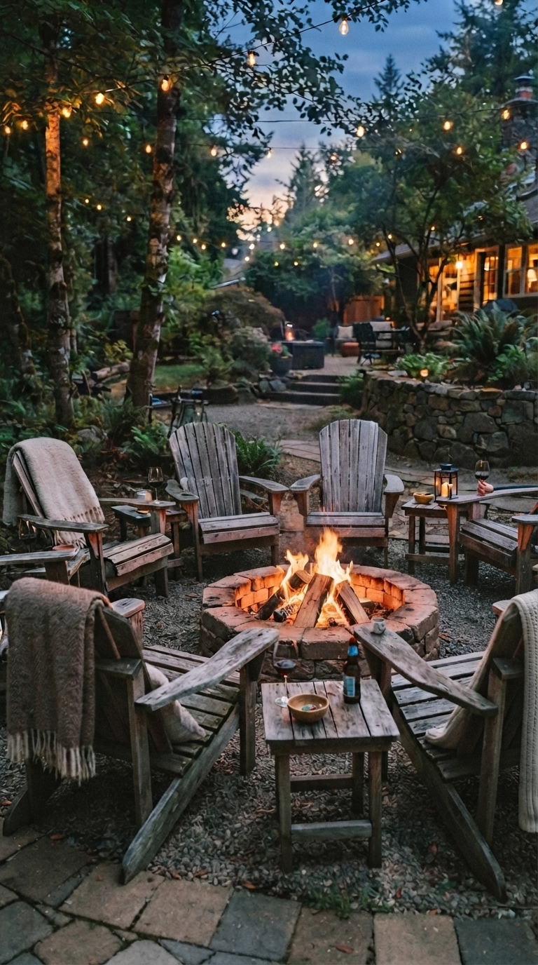 Backyard fire pit patio with Adirondack chairs