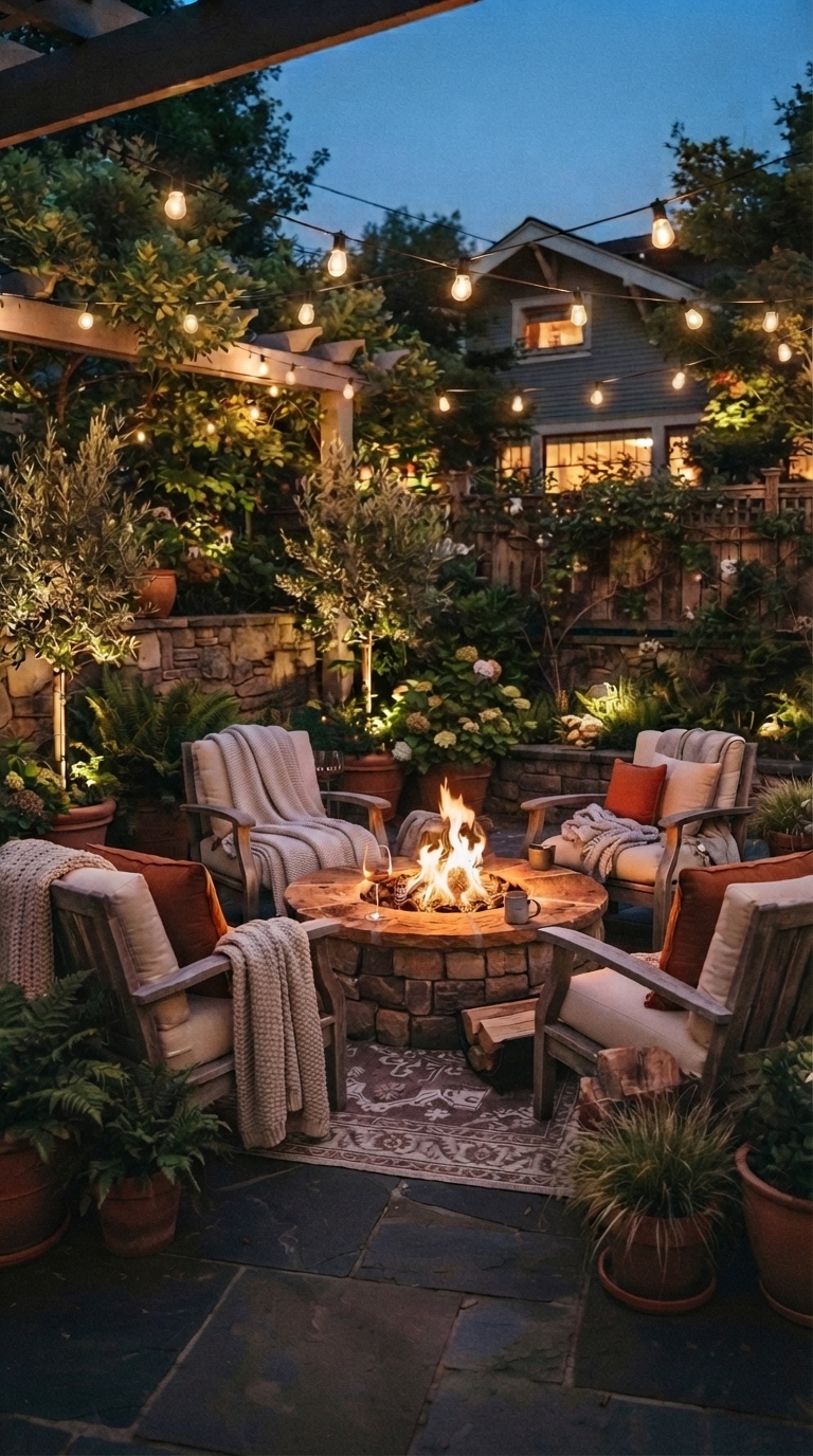 Fire pit gathering corner with seating in a backyard