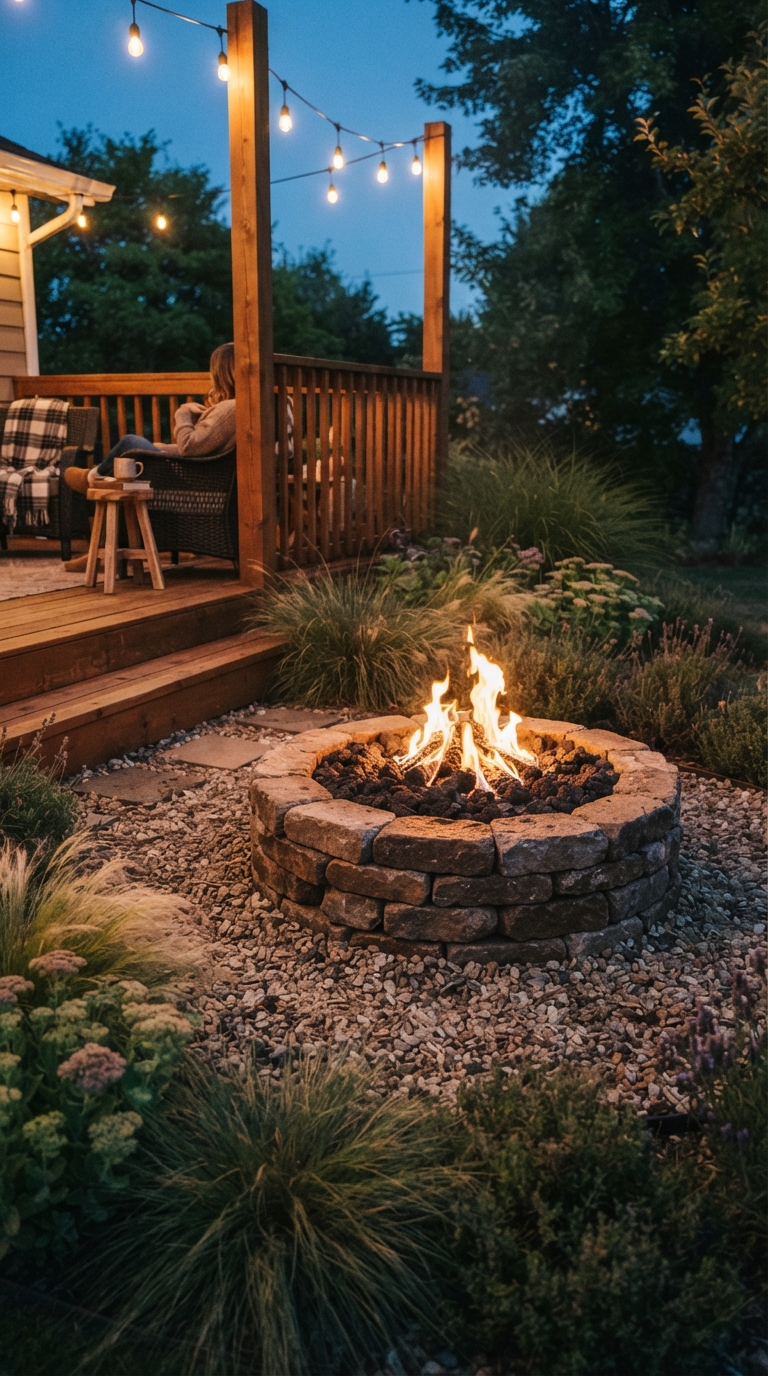 Fire pit landscaping zone with gravel base near deck