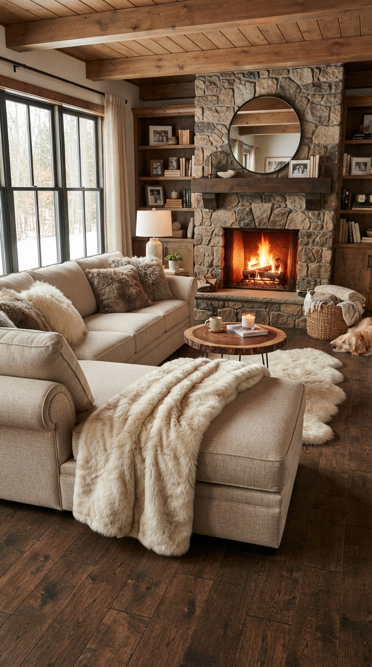 Fireside sectional with faux fur accents in a cozy living room