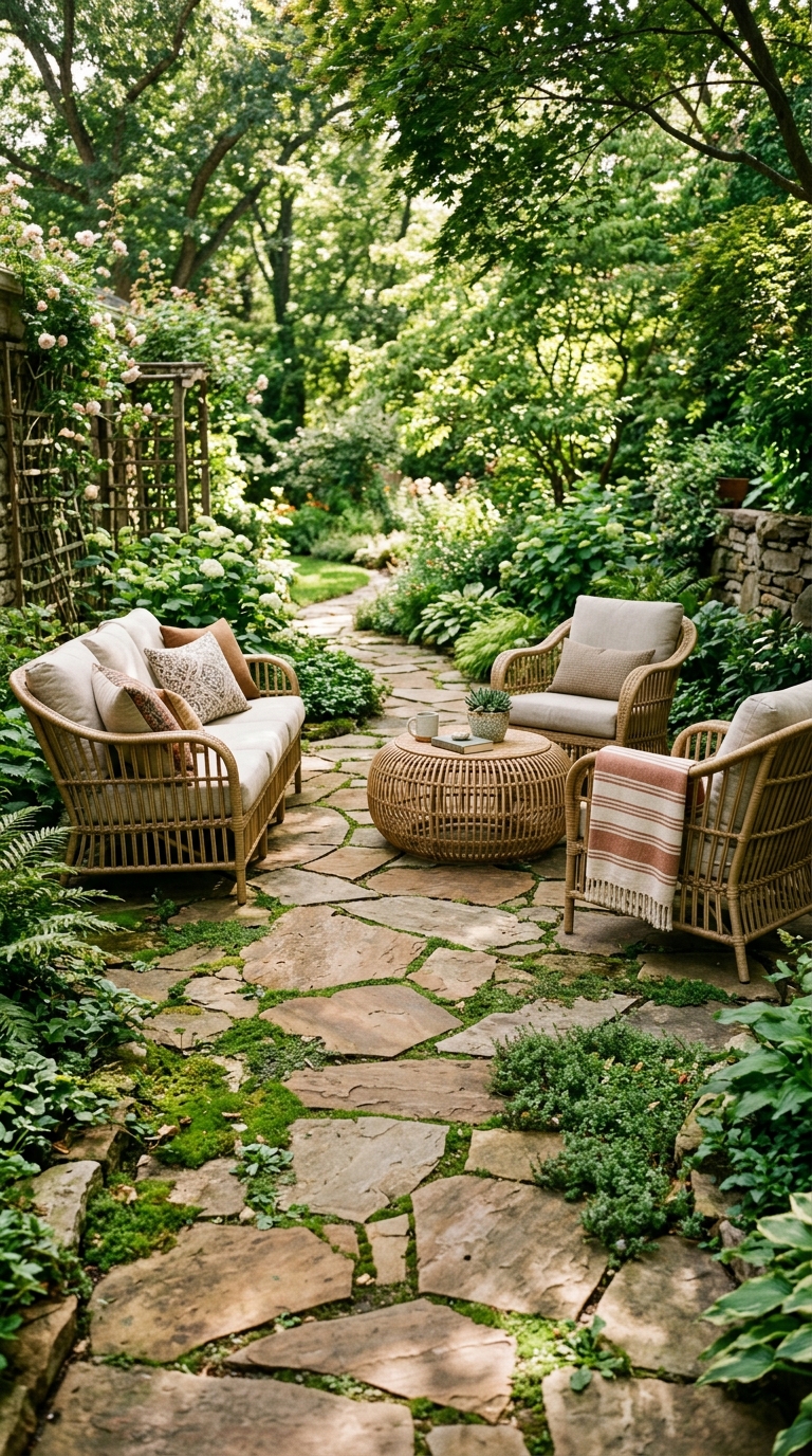 Natural flagstone patio with greenery growing between stone joints