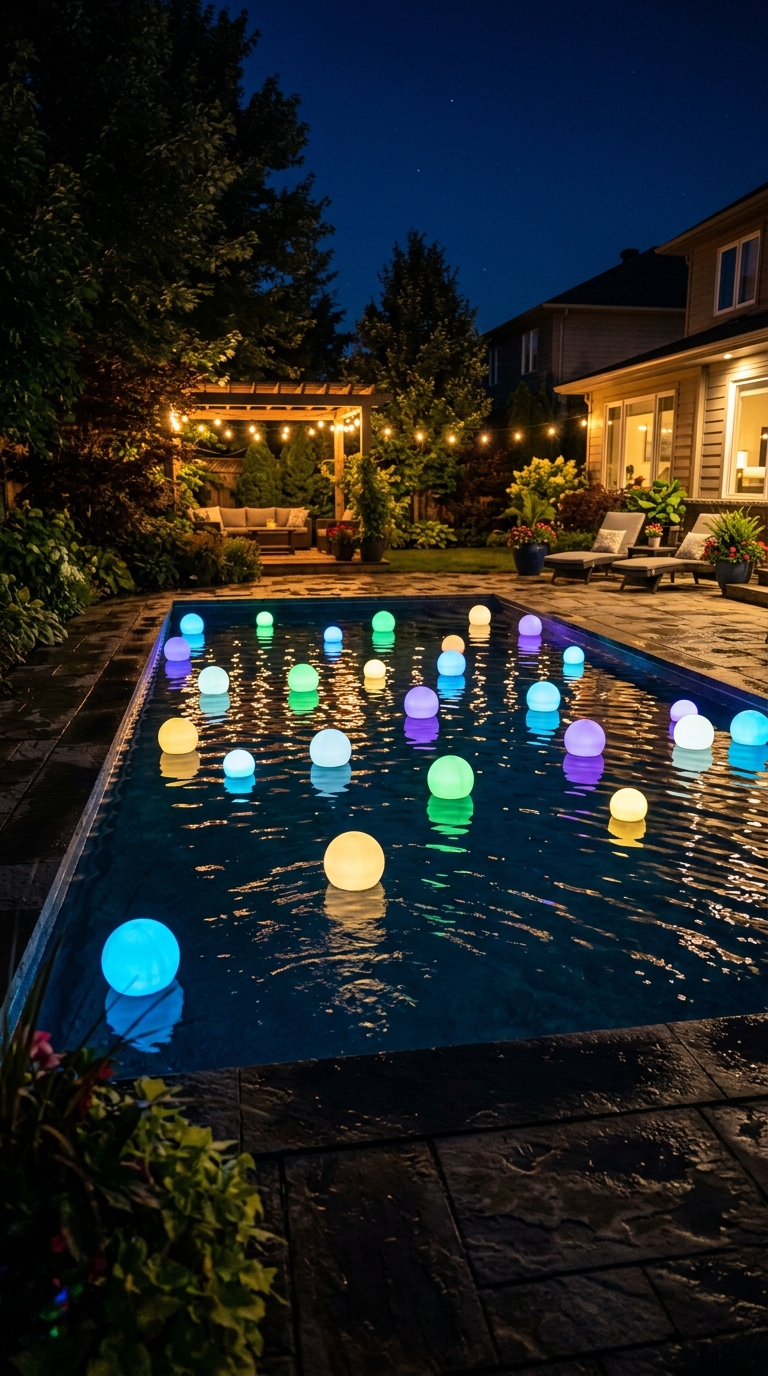 Glowing LED orbs floating on a backyard pool at night
