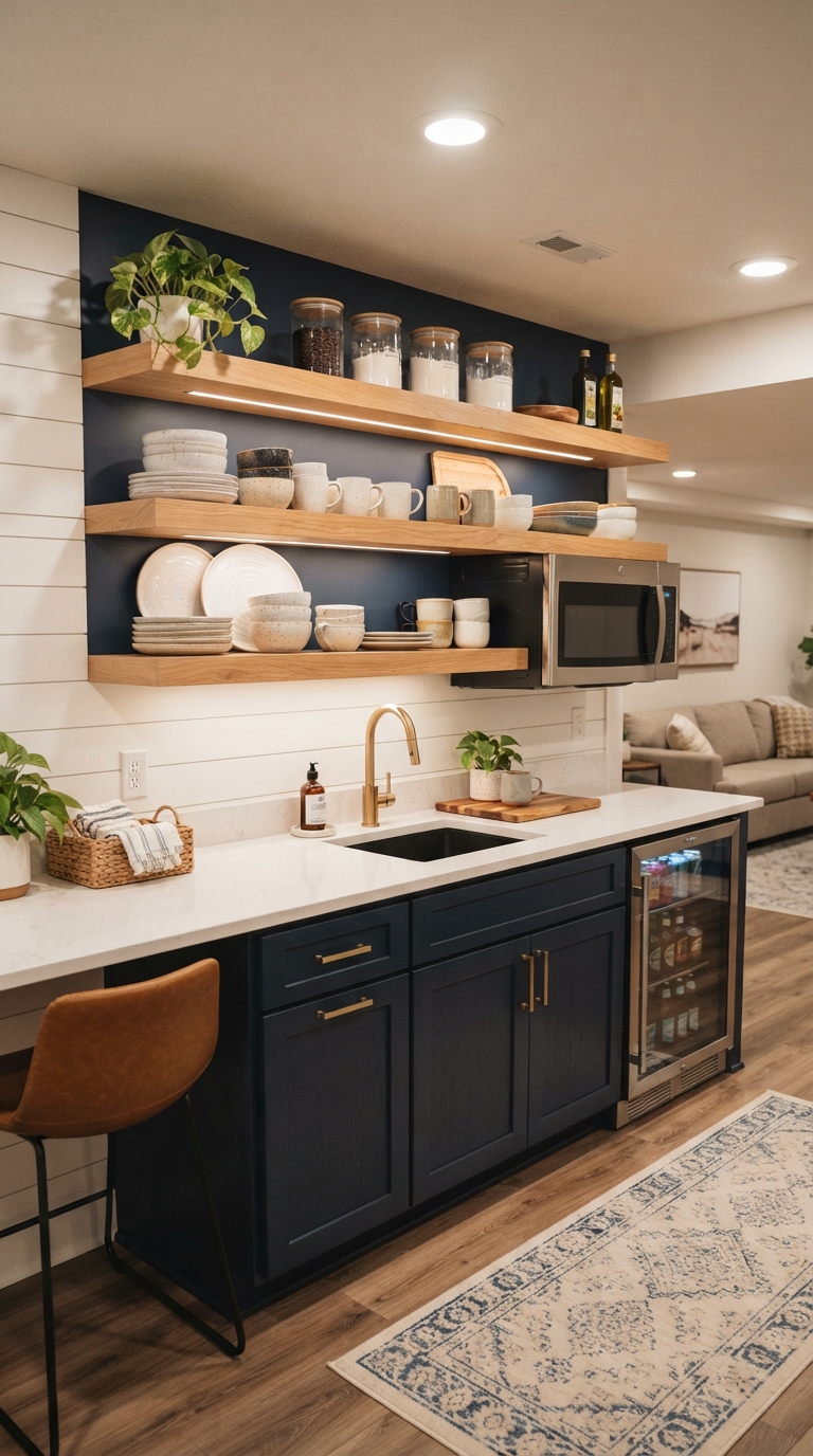 Floating shelf open storage basement kitchenette idea