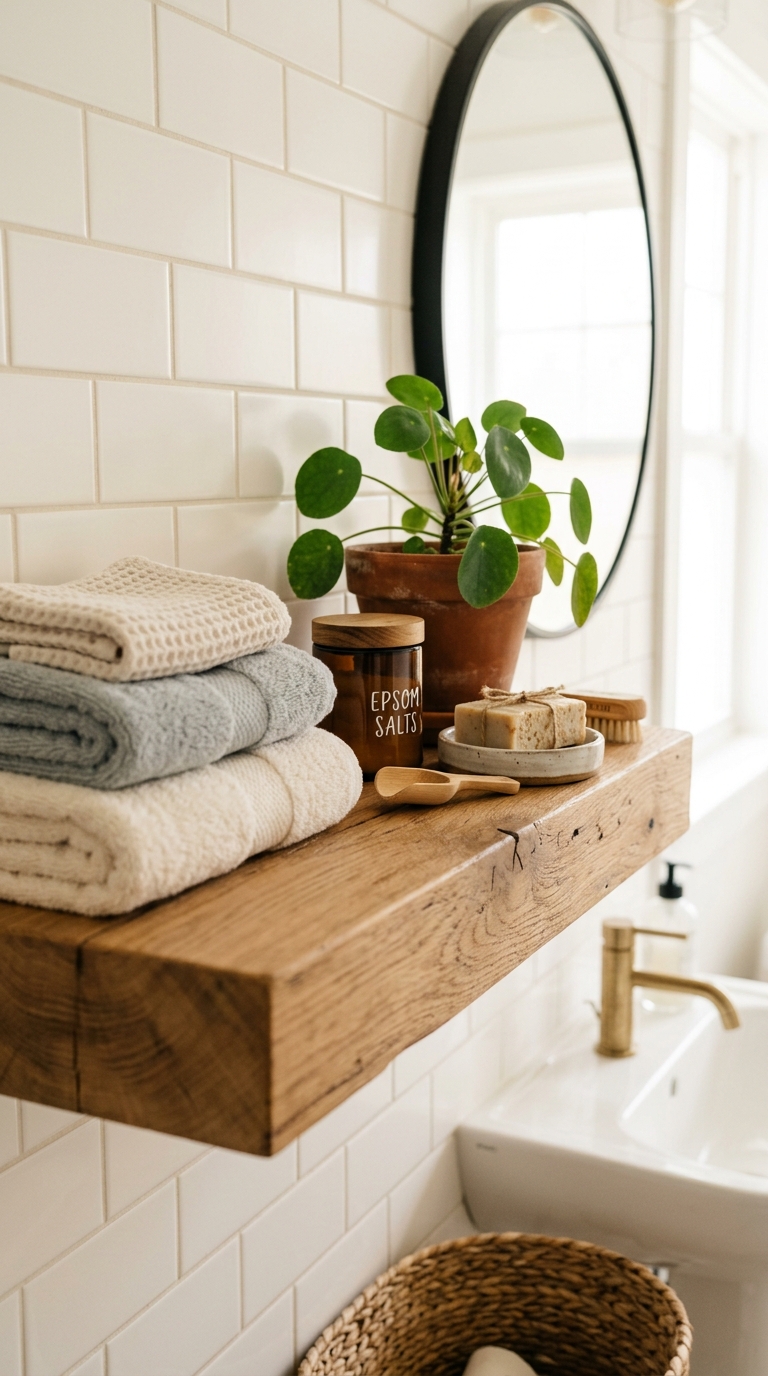 Floating shelf idea for an airy spa bathroom