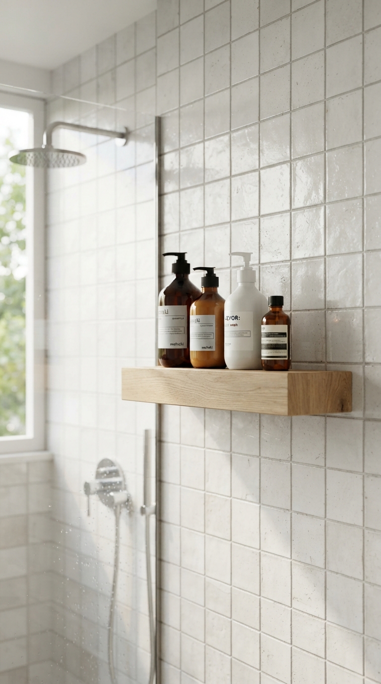 Minimalist floating shower shelf for clean, simple storage