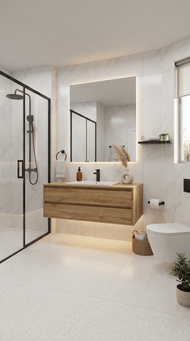 Modern Bloxburg bathroom with floating vanity and minimalist luxury design.