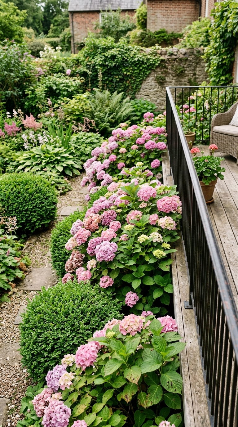 Flowering shrub border with hydrangeas along a deck edge
