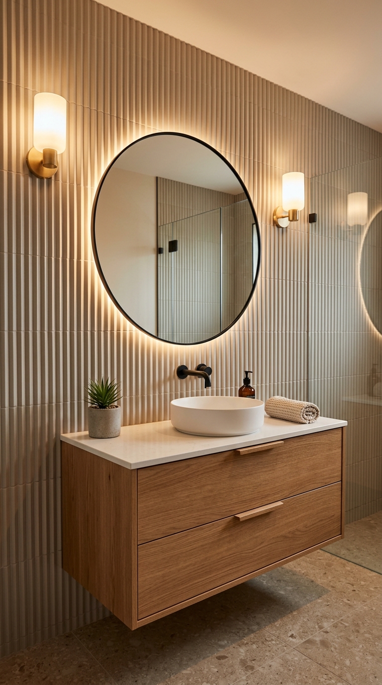 Fluted textured tile vanity wall in a chic modern bathroom