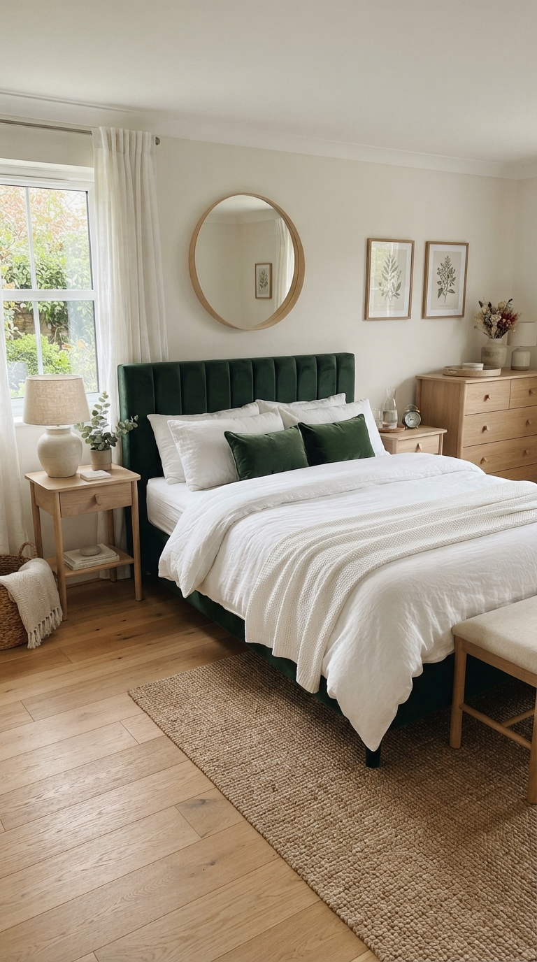Forest green and light wood color palette in a rustic bedroom