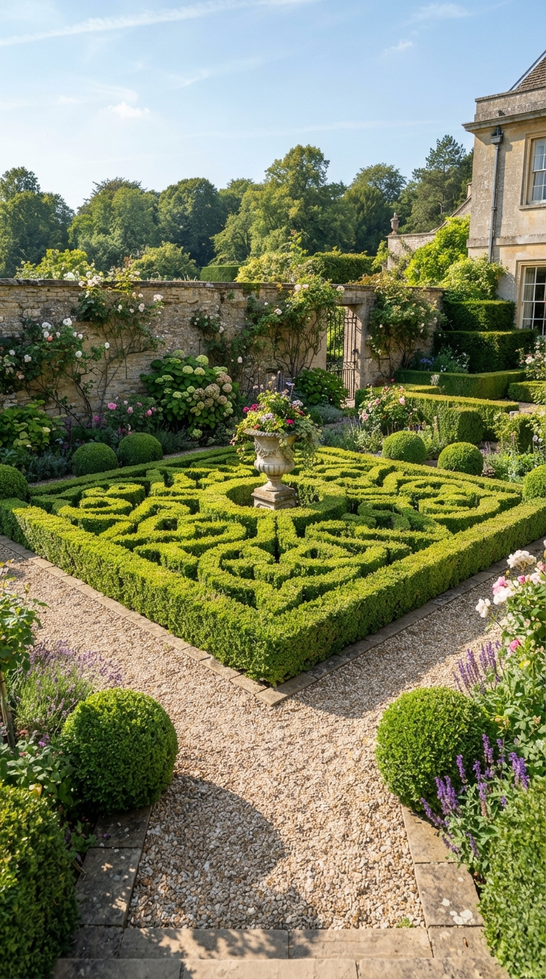 Formal boxwood corner garden with symmetrical clipped hedges.