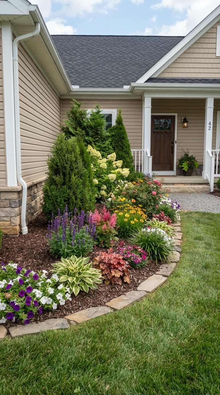 Small foundation planting flower bed along the base of a house