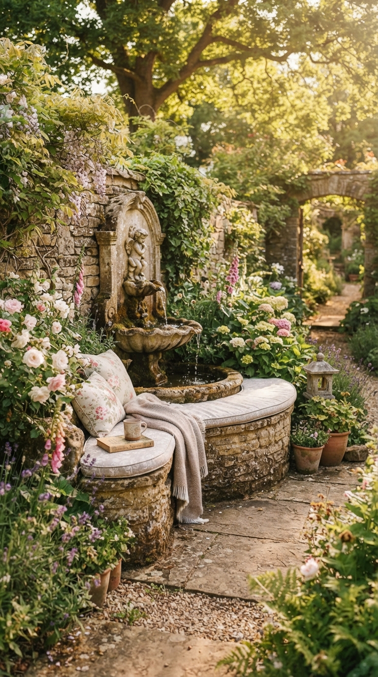 Fountain with built-in seating nook for a garden retreat