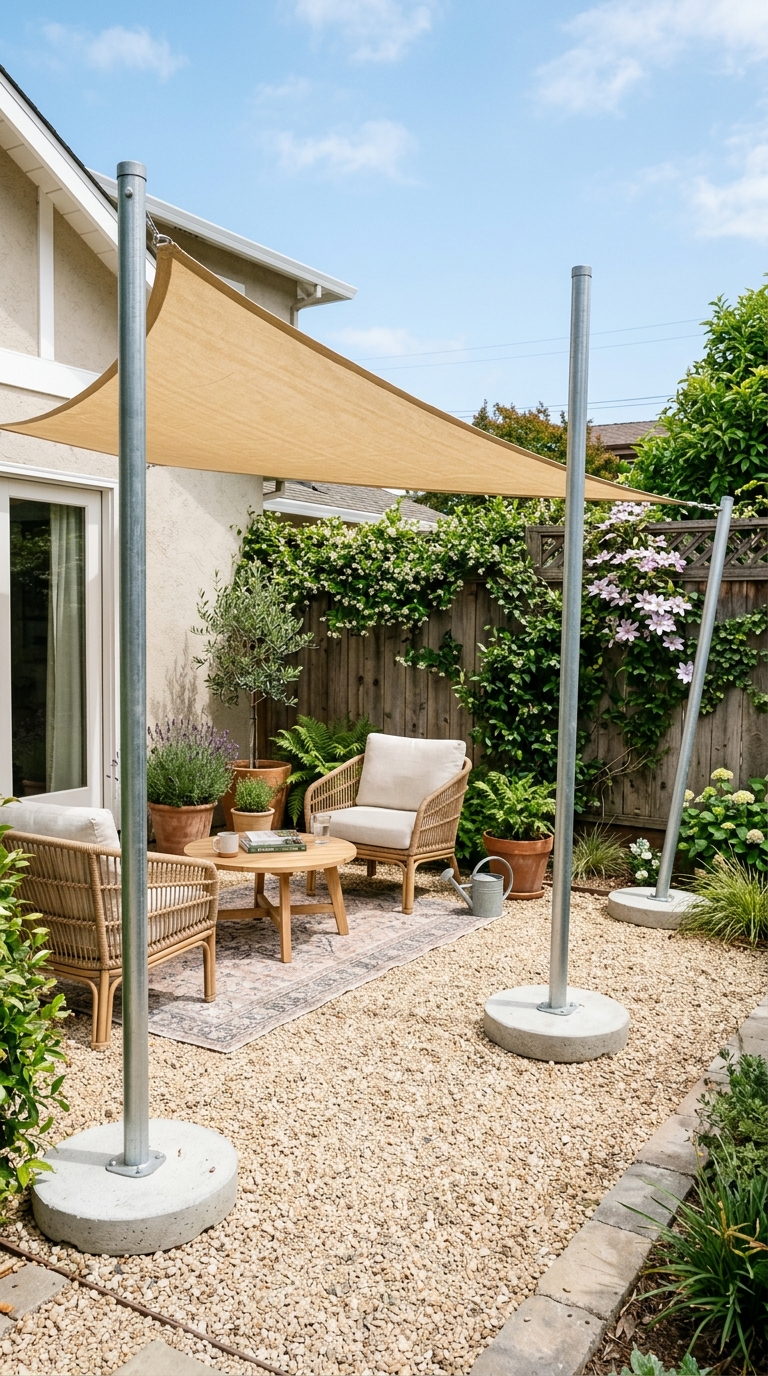 Freestanding shade sail with weighted base for a rental patio