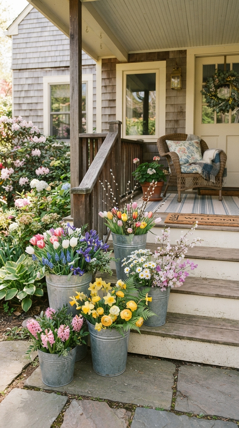 Galvanized metal bucket trio filled with spring flowers on porch steps