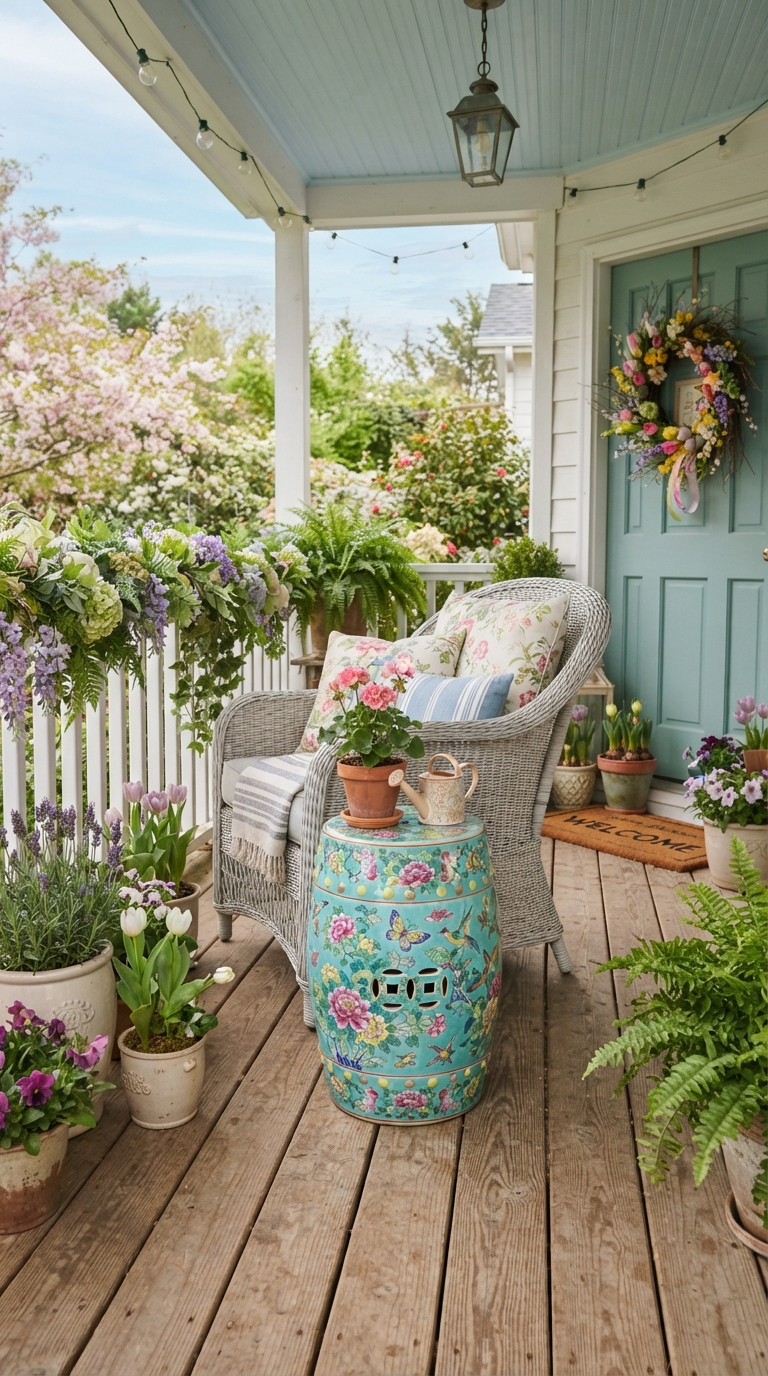 Colorful garden stool used as a spring porch accent piece