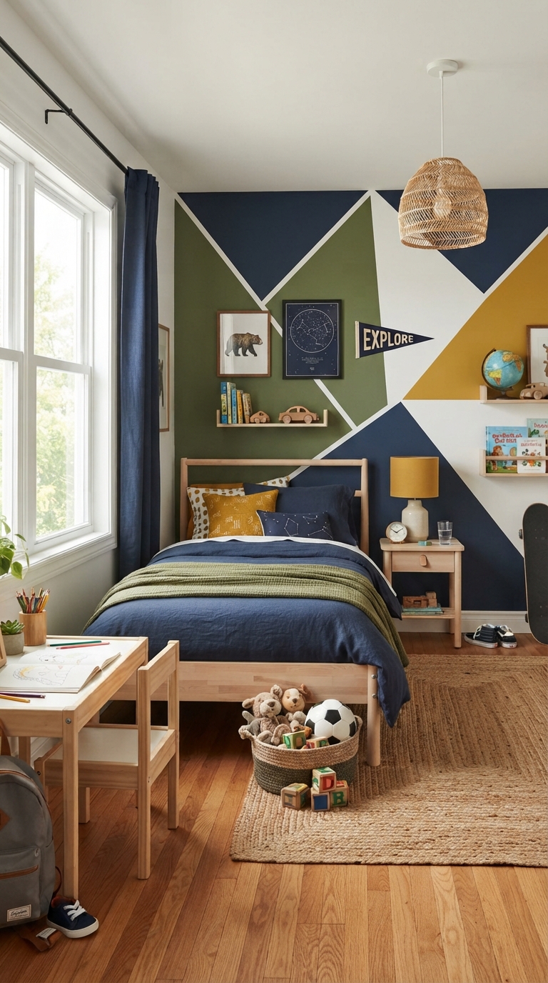 Geometric painted accent wall in a boy's bedroom
