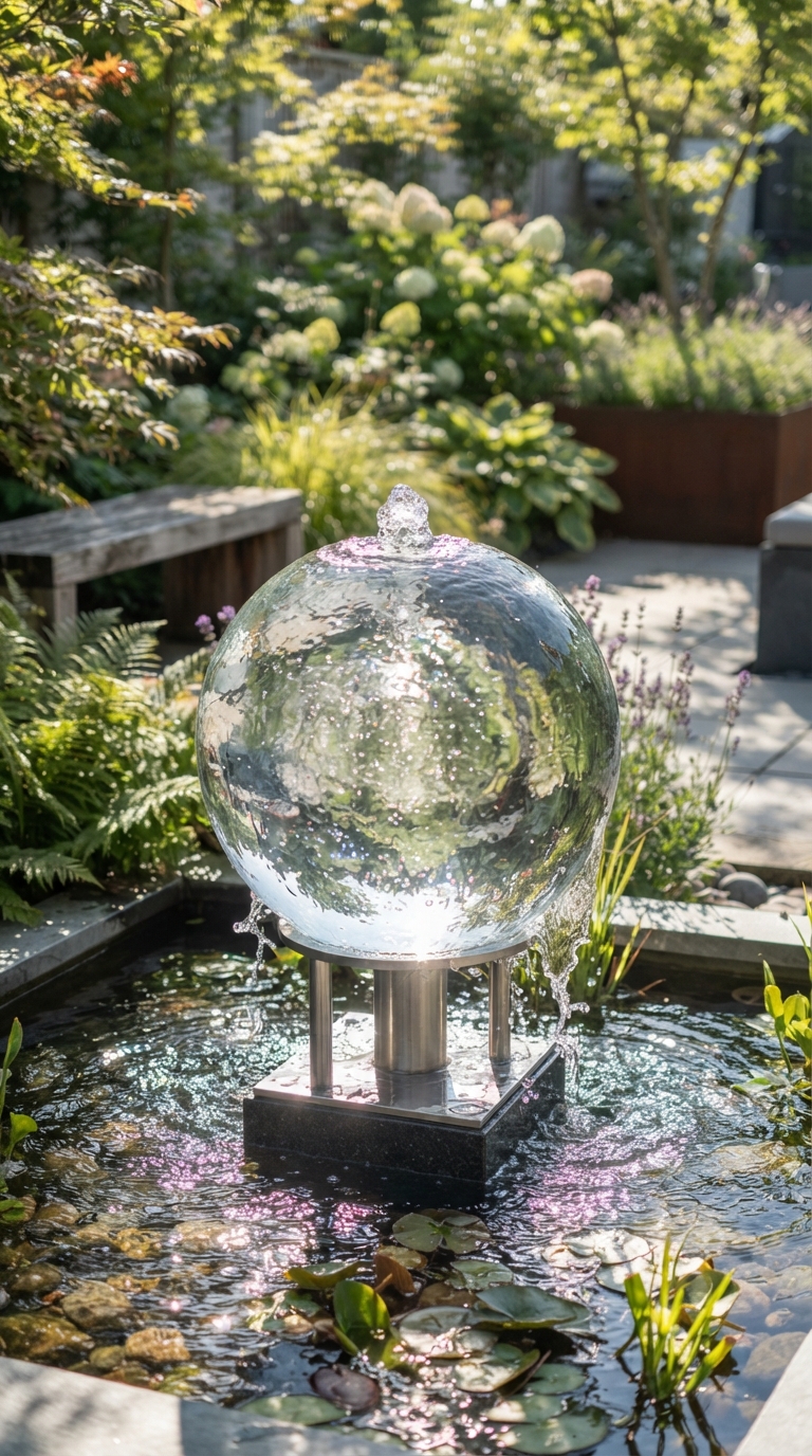 Glass globe reflective fountain idea for a modern garden