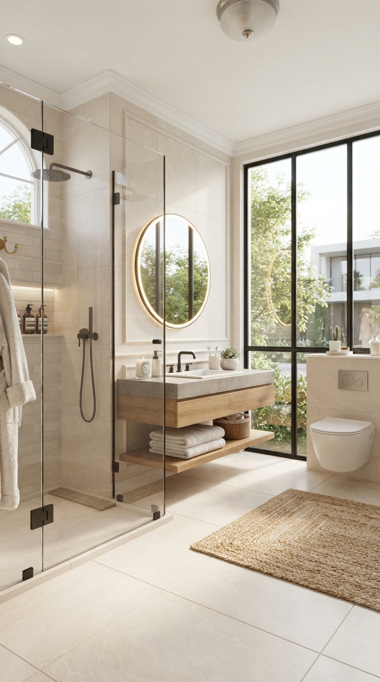 Open-concept Bloxburg bathroom with frameless glass shower partition.