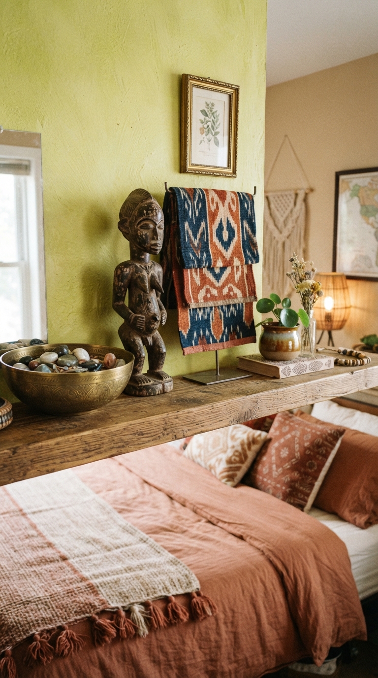 Global-inspired curated bedroom shelf with brass and wood decor