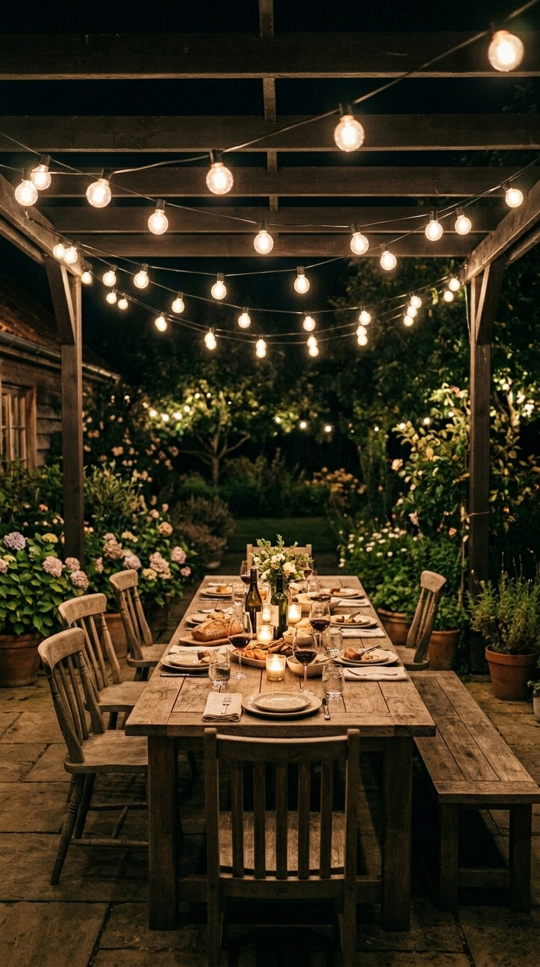 Woven globe string lights hanging above an outdoor patio dining table