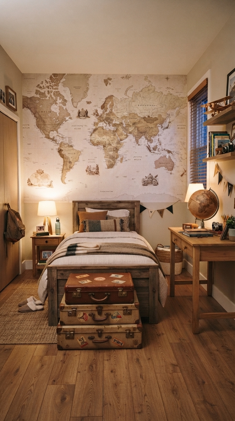 Globetrotter travel themed boy's bedroom with world map mural