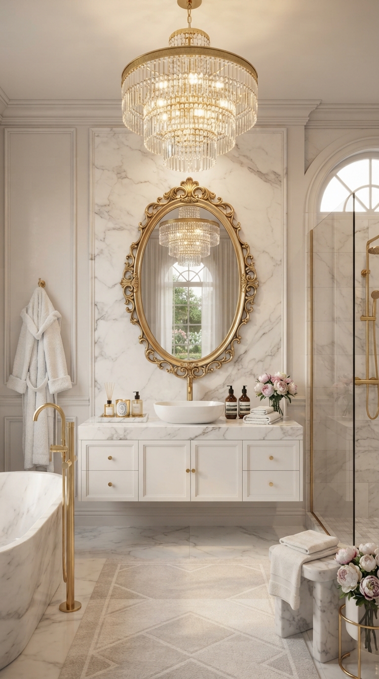 Luxury glam Bloxburg bathroom with gold fixtures and marble finishes.