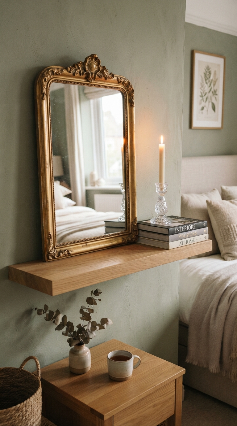 Glam bedroom shelf with gold mirror and crystal accents