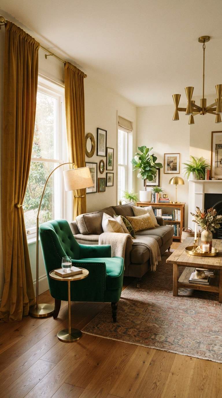 Goldenrod drapery paired with emerald accent chair in living room