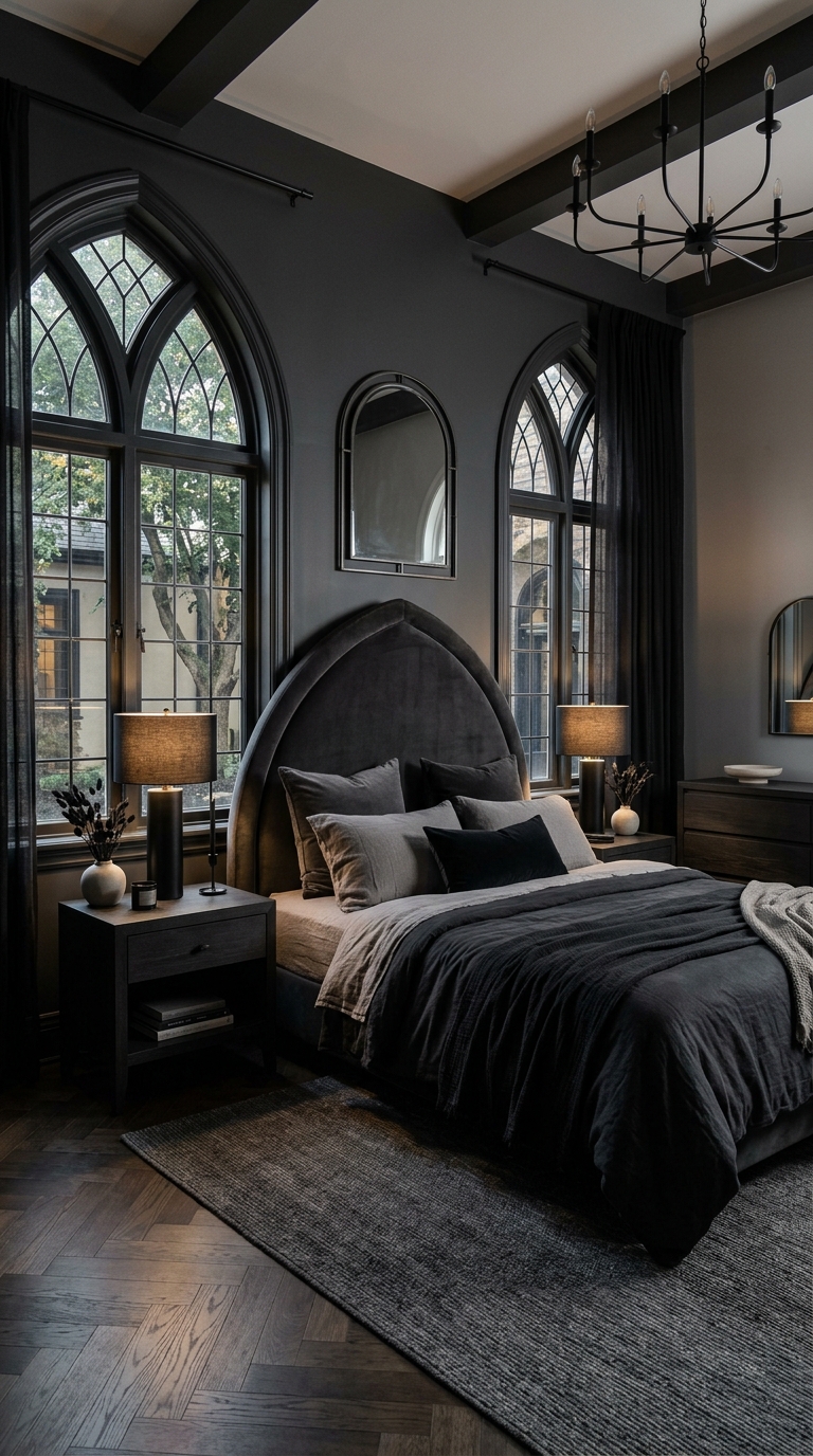 Gothic arch headboard in a modern romantic bedroom