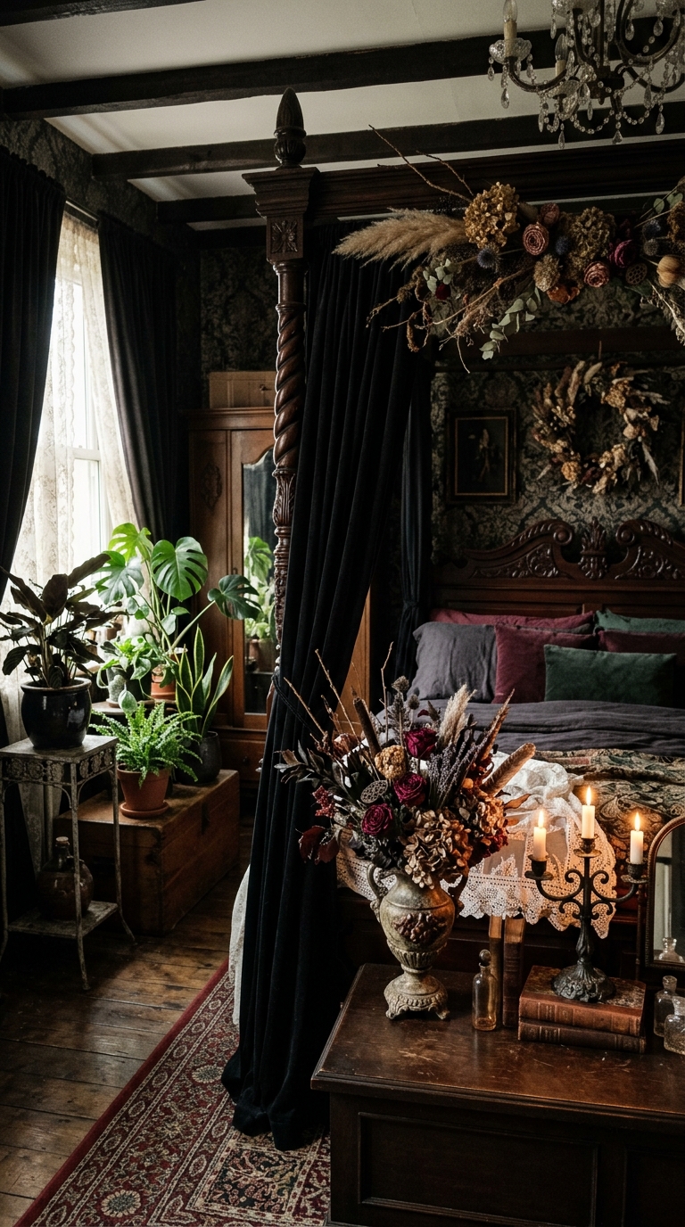 Gothic botanical decor accents in a bedroom