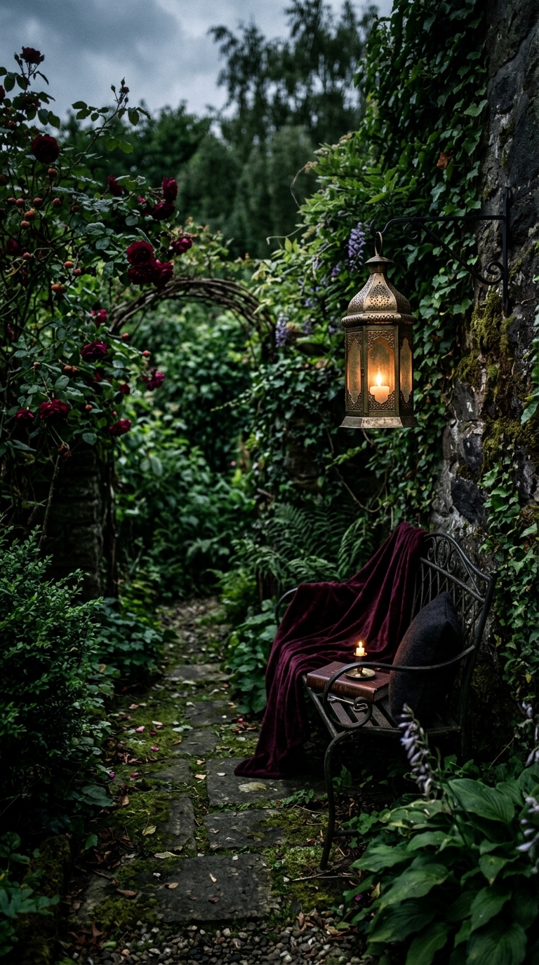 Gothic-romantic garden nook with brass accents in an English backyard