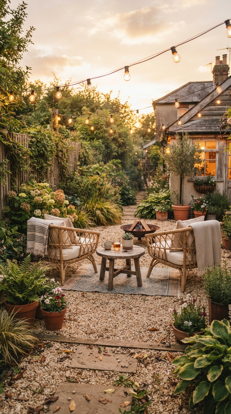 Budget gravel patio decorated with string lights and rattan seating