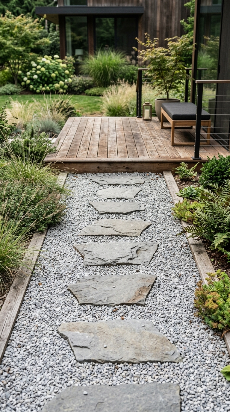 Gravel bed with stepping stones leading to backyard deck
