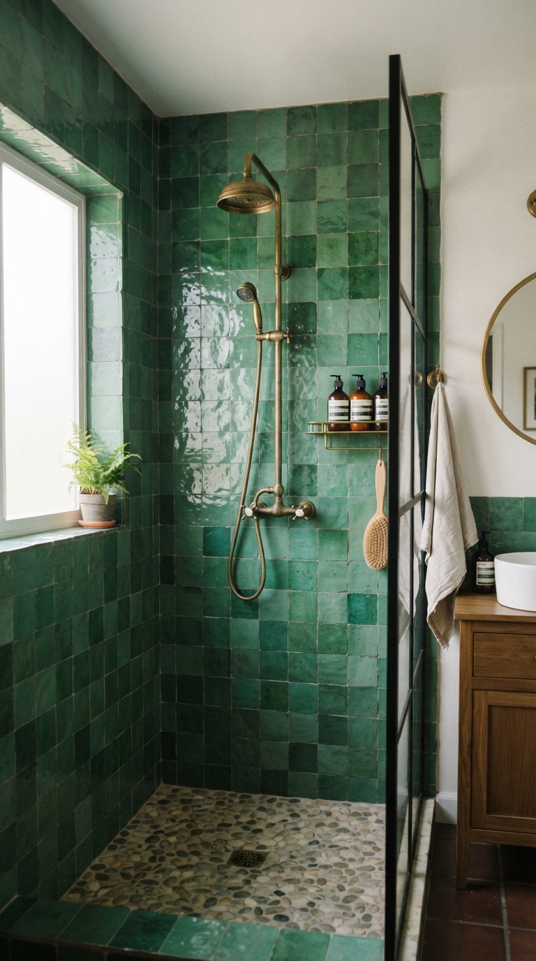 Green zellige tile shower wall with brass fixtures in a small chic bathroom