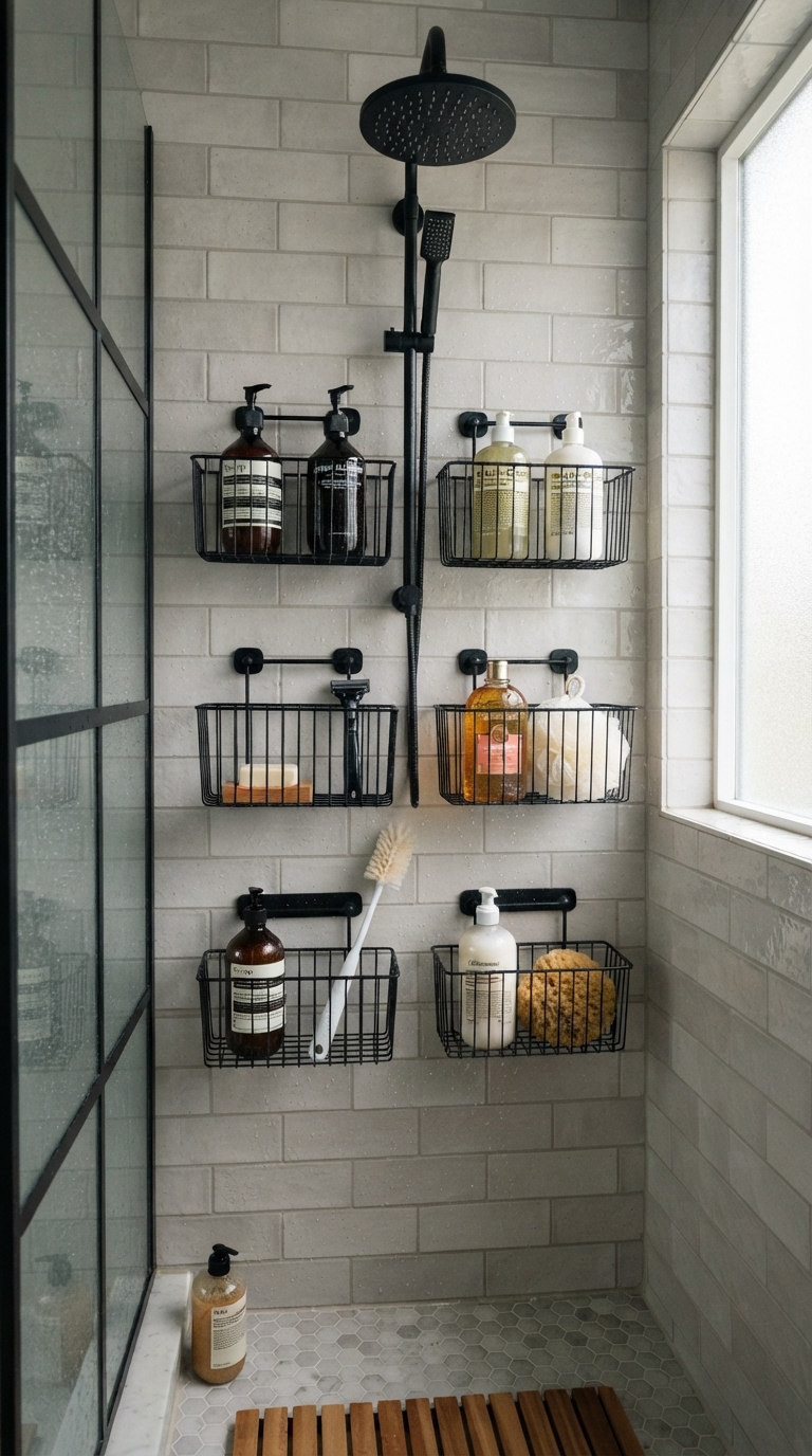 Grid-style wire baskets creating a gallery-wall shower storage display