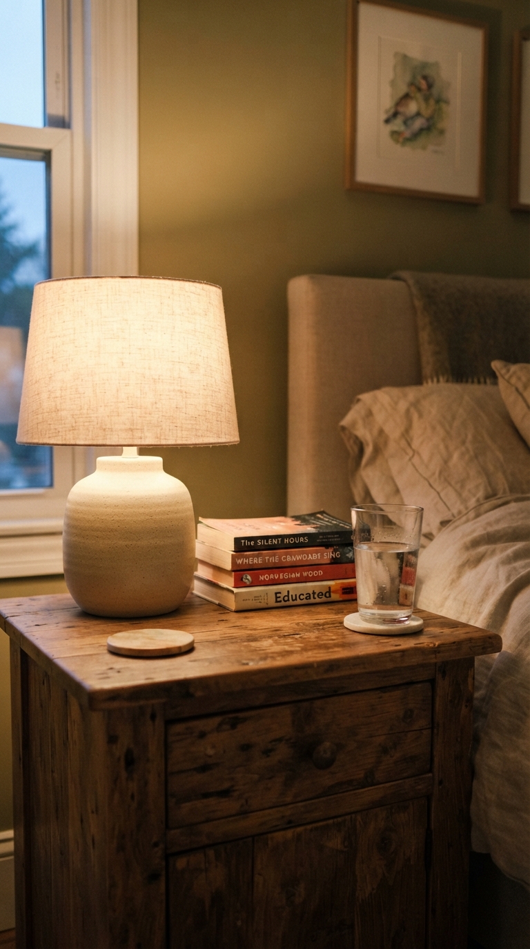 Warm bedside lamp on a guest bedroom nightstand for cozy evening lighting