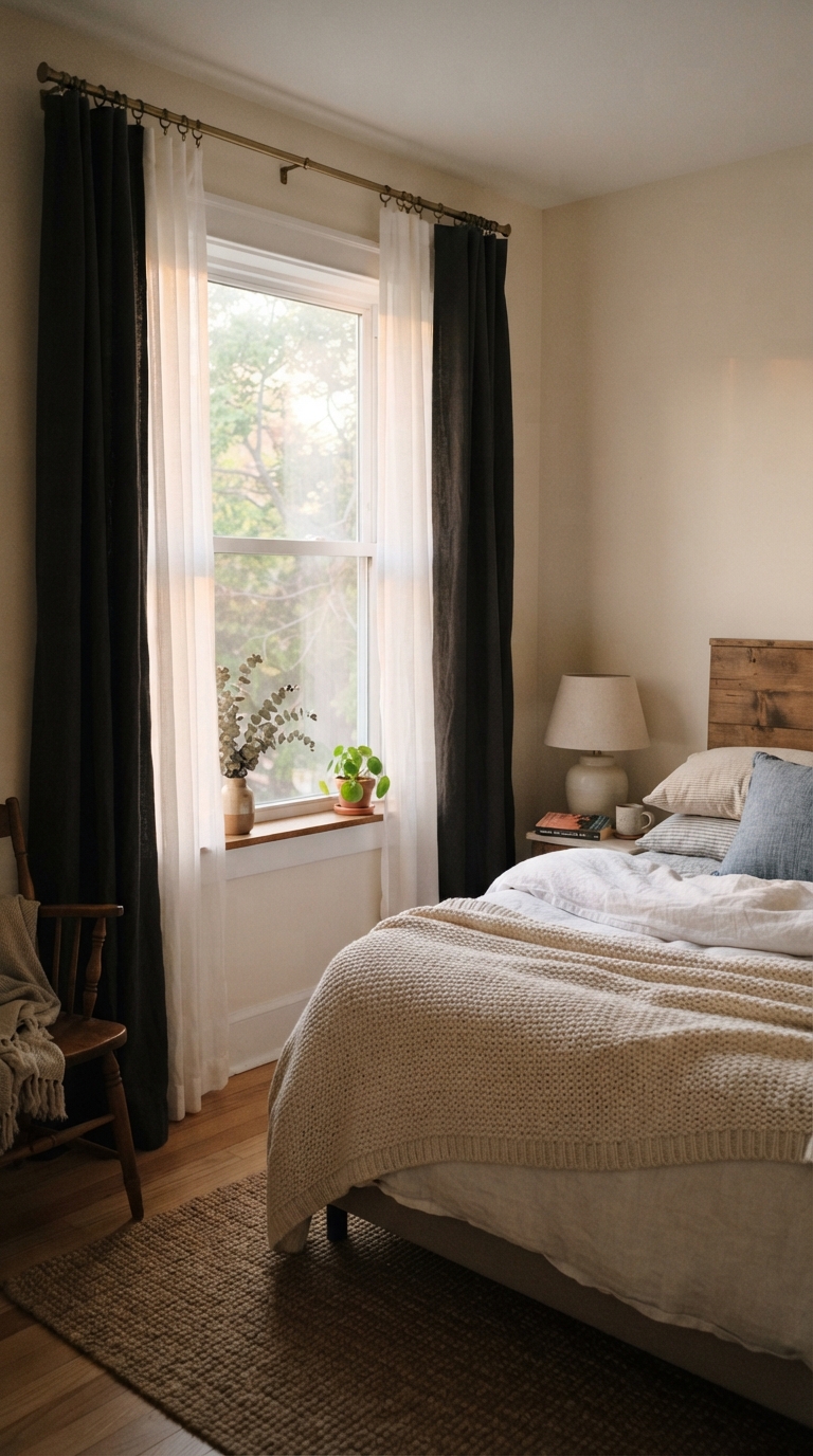 Blackout curtains in a guest bedroom for better guest sleep quality