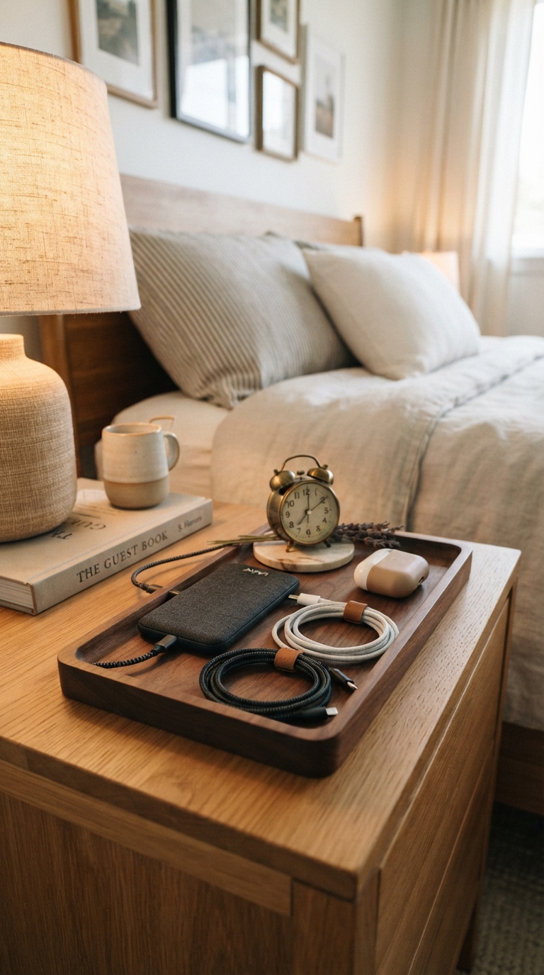 Charging station with cords set up in a guest bedroom for overnight guests