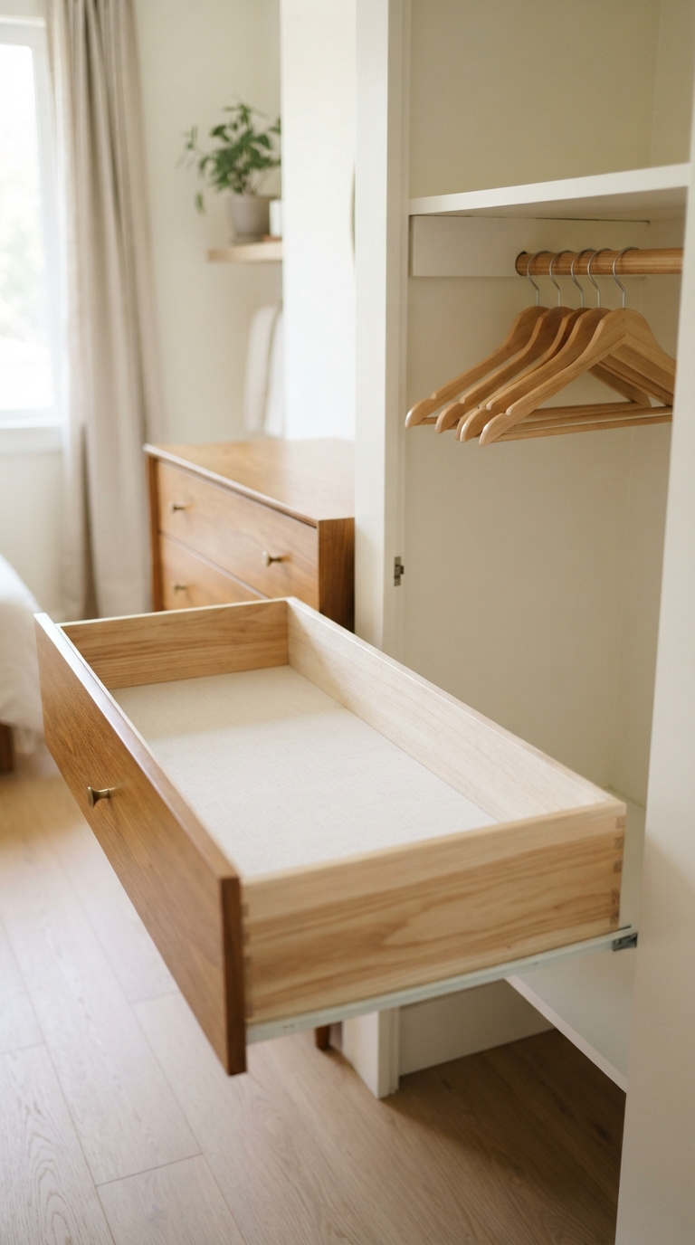 Cleared closet and drawer space prepared for guest bedroom storage