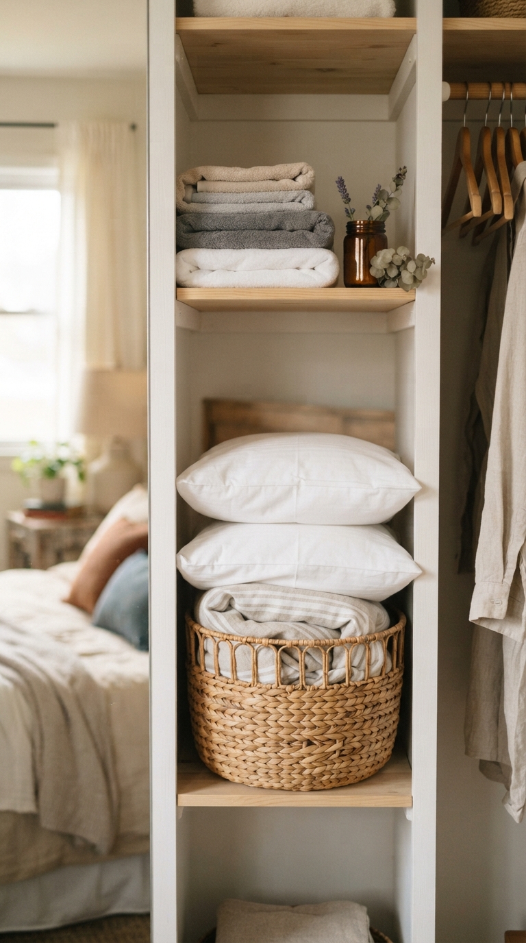 Extra pillows stored in a basket as part of a guest bedroom essentials checklist