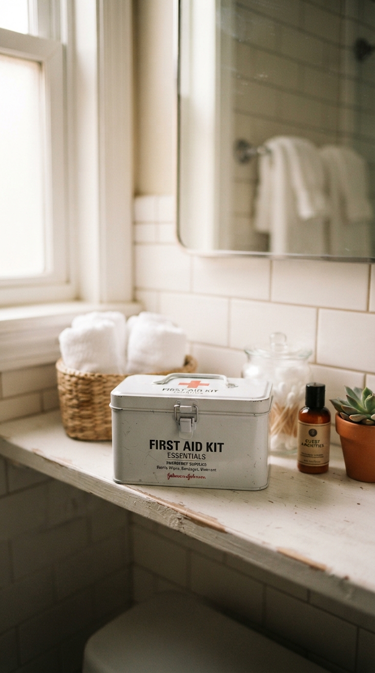 Basic first-aid essentials stocked in a guest bathroom checklist