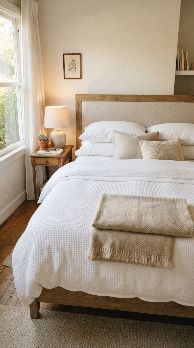 Guest bedroom checklist idea showing a bed layered with fresh white linens and a cozy folded throw