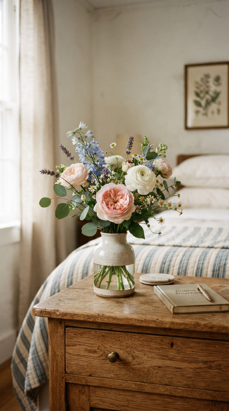 Fresh flowers styled on a guest bedroom dresser as a welcoming touch