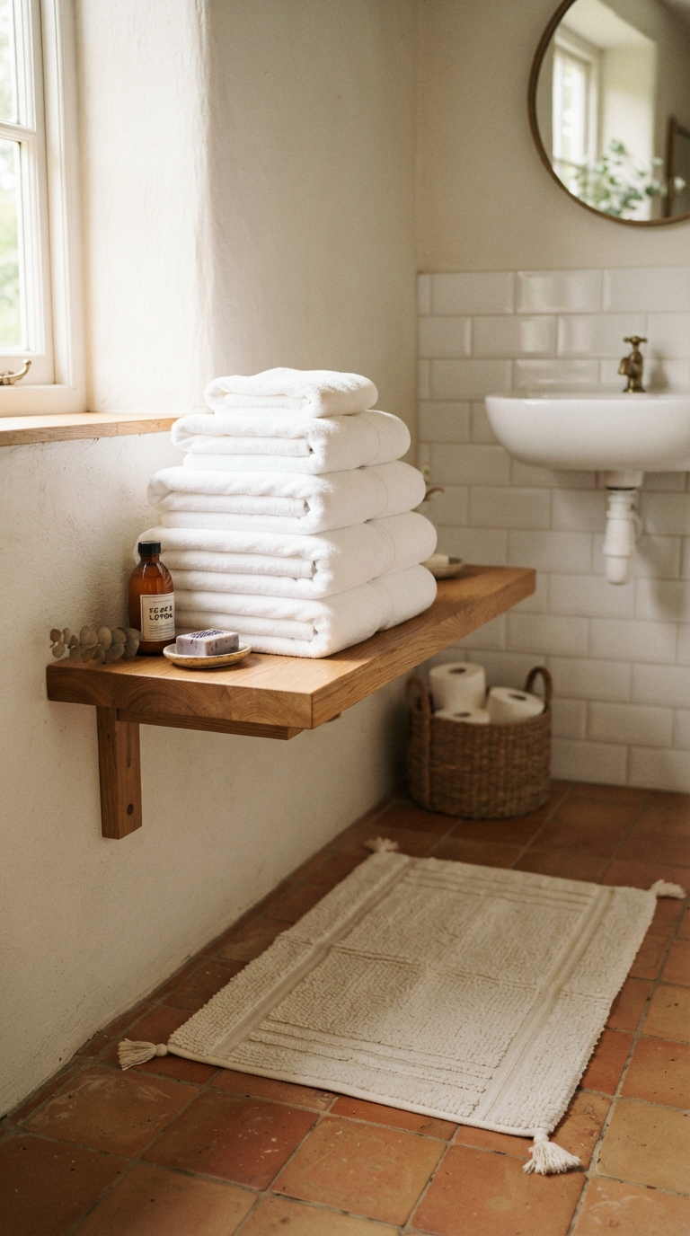 Fresh towels and bath mat set up in a guest bathroom for visitors
