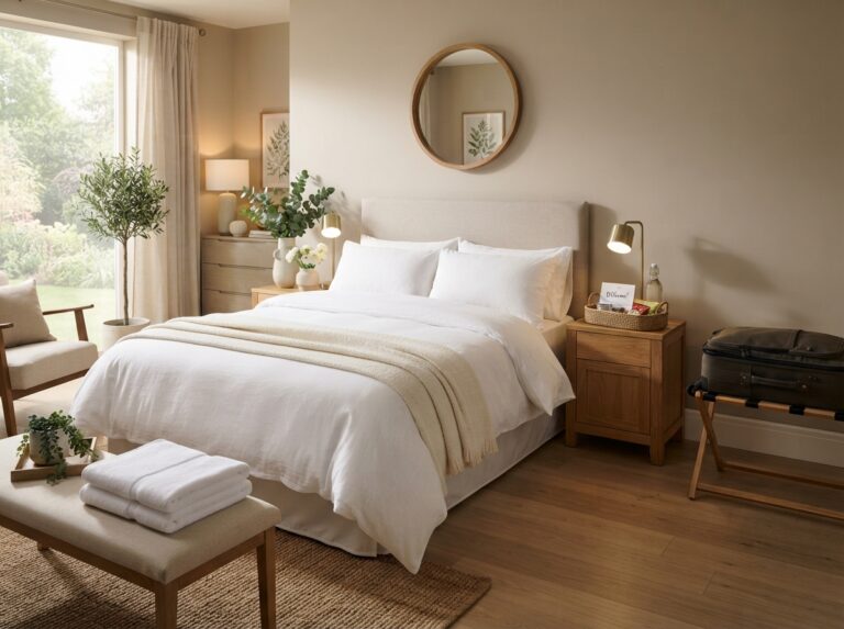 Modern guest bedroom with cozy hotel-inspired decor and thoughtful guest amenities.