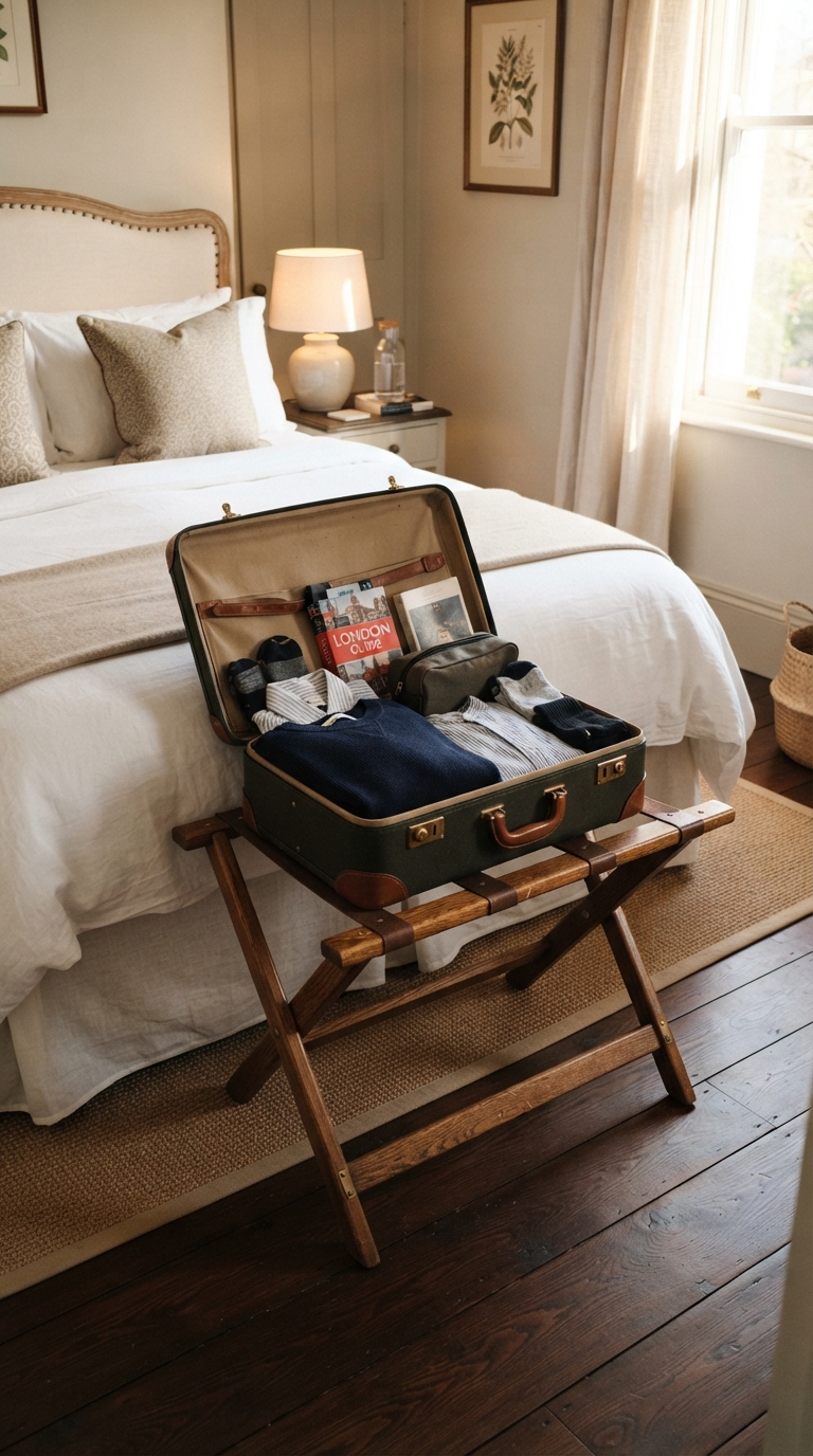 Luggage rack in a guest bedroom for overnight guest storage