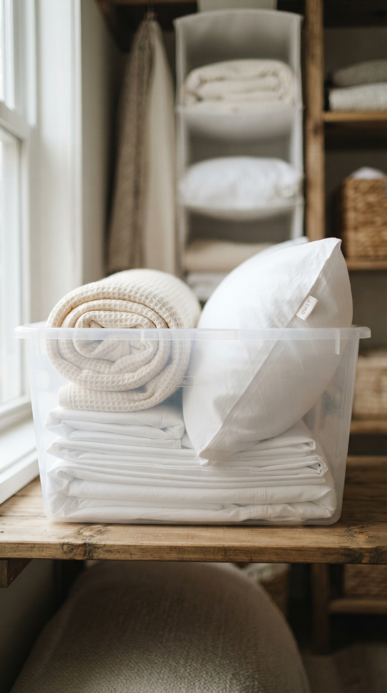 Portable guest kit bin for homes without a dedicated guest bedroom