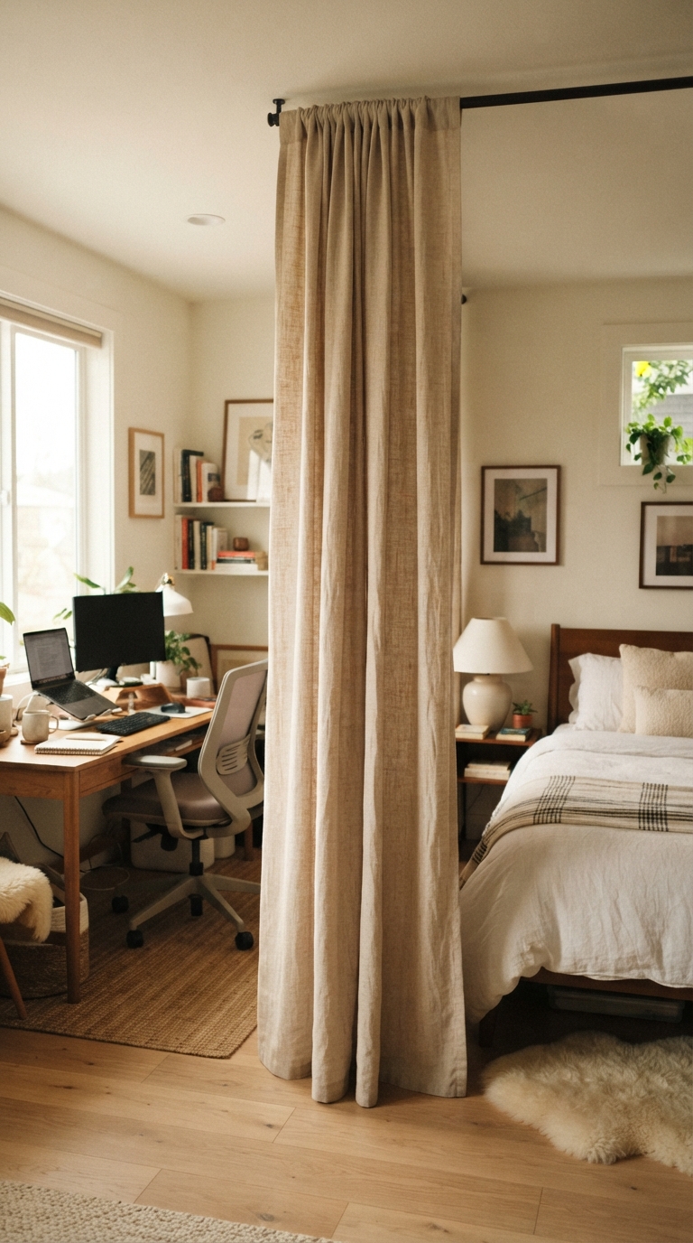 Room divider creating a private guest sleeping area in a shared space